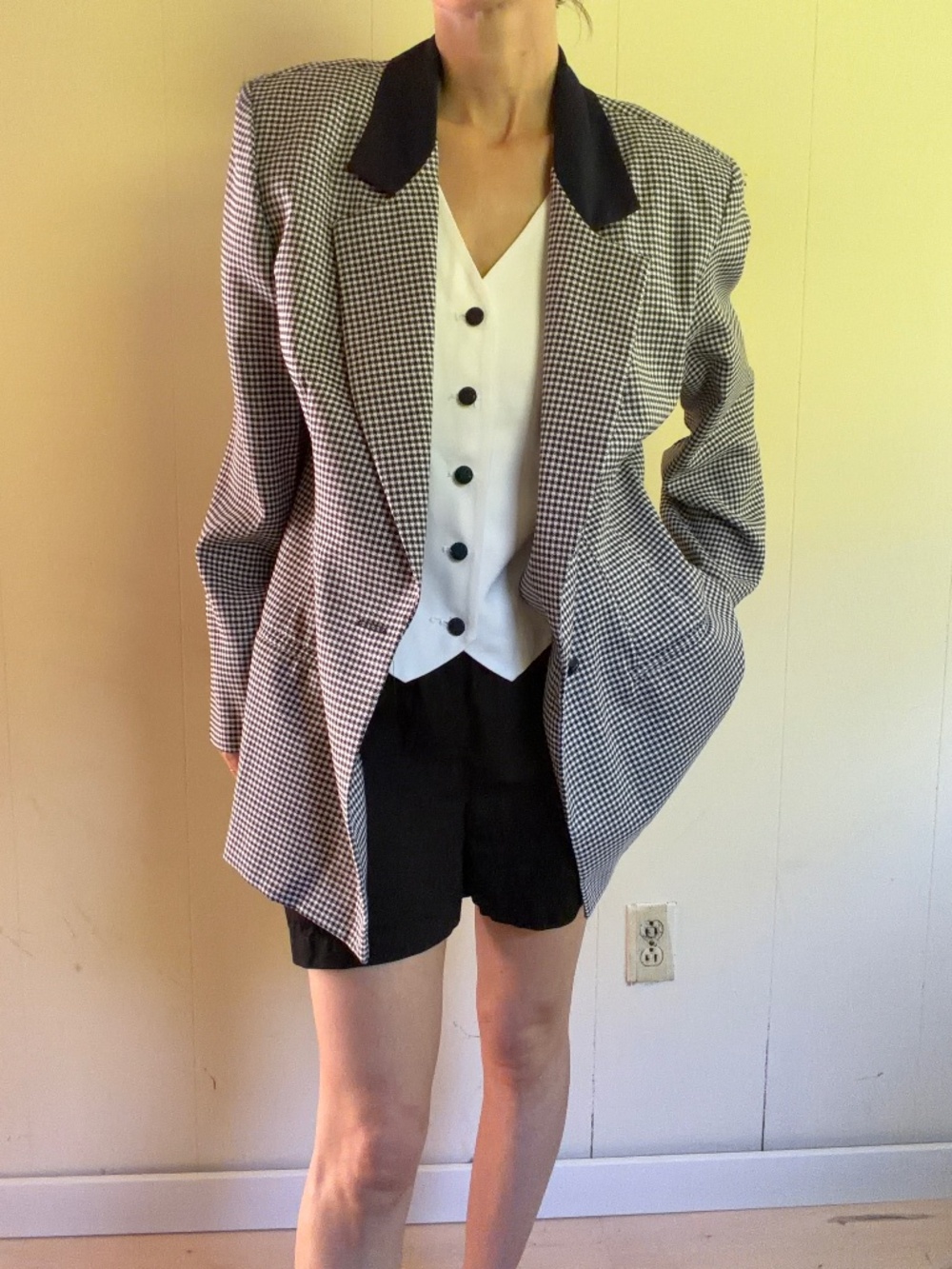 90s vintage Navy blue and white gingham check blazer with white waistcoat.